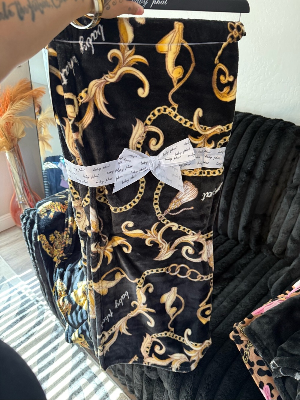 BABY PHAT Black & Gold Baroque Chain Plush Throw Blanket